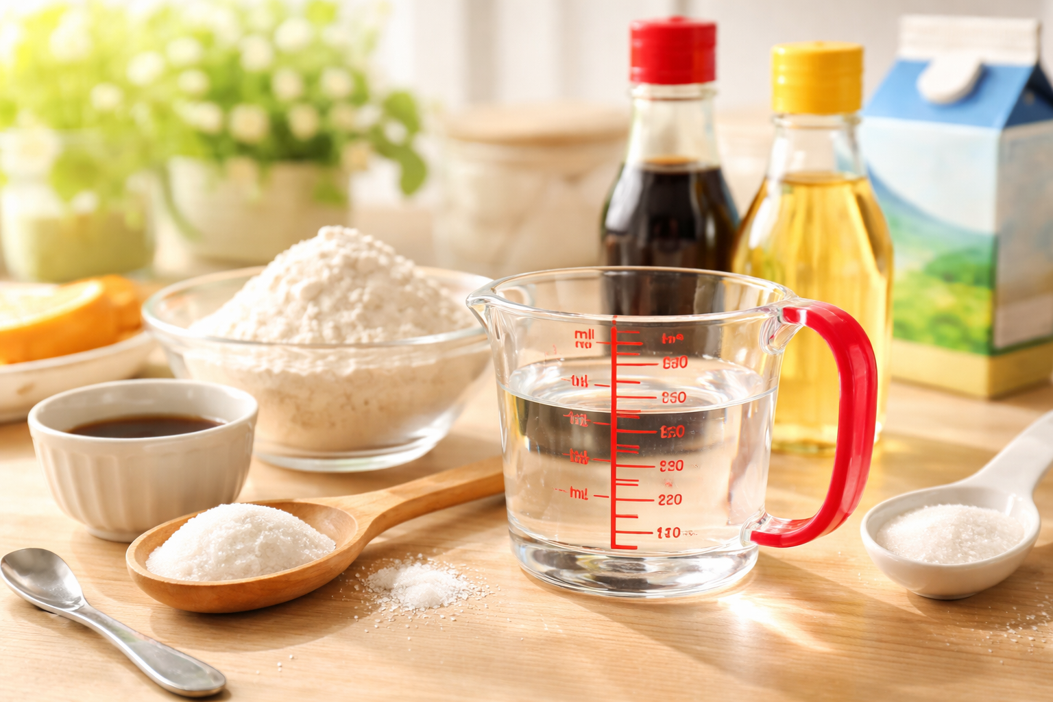 100ccの水を計量カップで量っている様子と調味料や粉類が並んだキッチンのイメージ